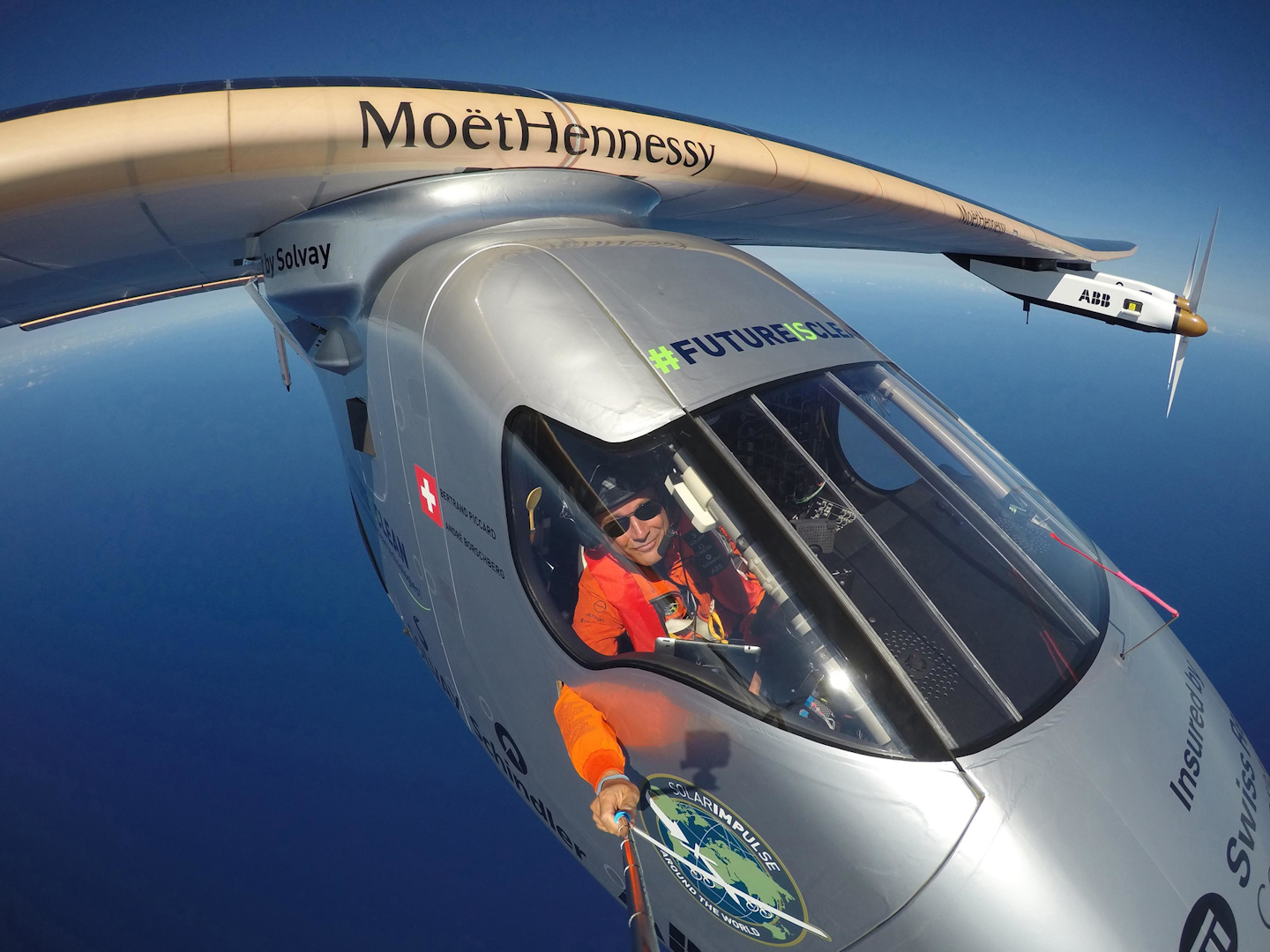 This April 9, 2016 photo provided by Bertrand Piccard via Global Newsroom shows Piccard taking a selfie on board Solar Impulse 2 during a test flight over the Pacific Ocean. (Bertrand Piccard/Global Newsroom via AP)