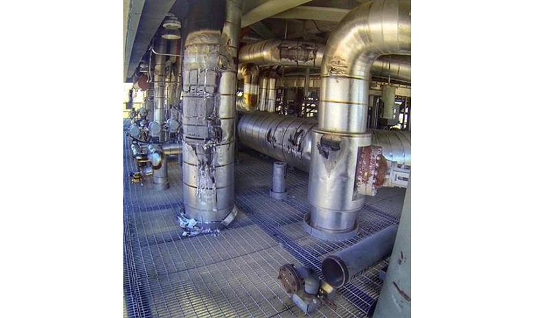 Damaged pipes in the interior of the solar generator tower. (Image credit: San Bernardino County Fire Department via AP)