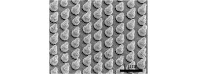 Stanford engineers created arrays of silicon nanocones to trap sunlight and improve the performance of solar cells made of bismuth vanadate (1μm=1,000 nanometers). (Photo: Wei Chen and Yongcai Qiu, Stanford)