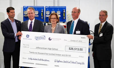From Left: GE Appliances CEO Chip Blankenship, Louisville Mayor Greg Fischer, Jefferson County Public School Superintendent Donna Hargens, Jeffersontown High School Principal Matt Kingsley, and Amatrol CEO Paul Perkins During Donation Ceremony