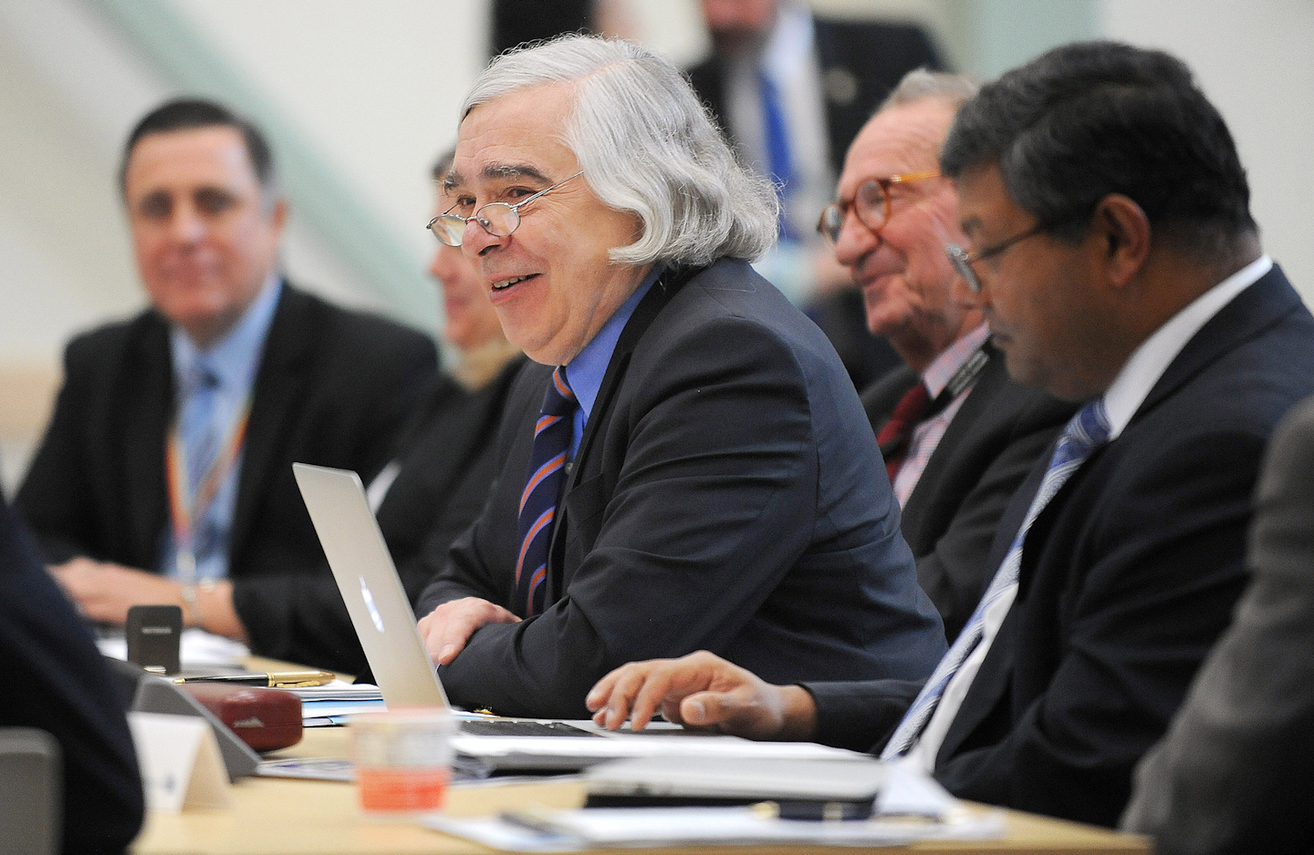 U.S. Energy Secretary Ernest Moniz addresses members of his Secretary of Energy Advisory Board at the Energy Innovations Laboratory in Idaho Falls, Idaho, Tuesday, June 14, 2016. Moniz announced that $82 million will be appropriated for nuclear energy projects in 28 states as part of the government's plan to reduce carbon emissions. (Pat Sutphin/Idaho Falls Post-Register via AP)