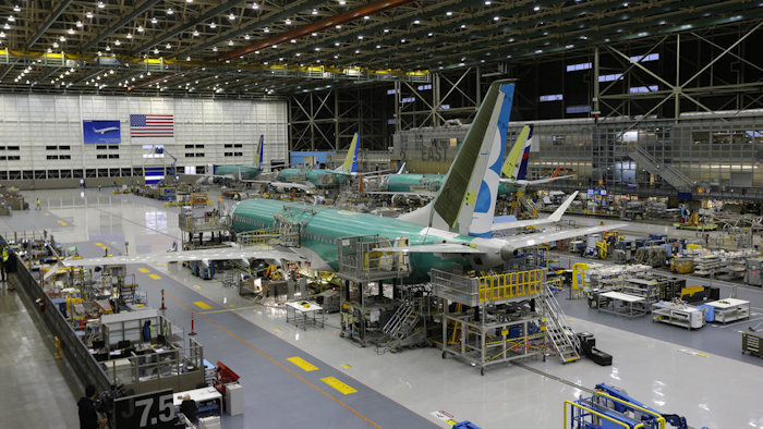 The second Boeing 737 MAX airplane being built is shown on the assembly line in Renton, Wash. (AP Photo/Ted S. Warren, File)