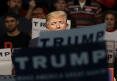 In this photo taken March 4, 2016, Republican presidential candidate Donald Trump speaks during a rally at Macomb Community College in Warren, Mich. Trump says he can win the state and the entire the Upper Midwest by promising to back out of the North American Free Trade Agreement, the treaty blamed for the loss of countless Rust Belt jobs. (AP Photo/Carlos Osorio)