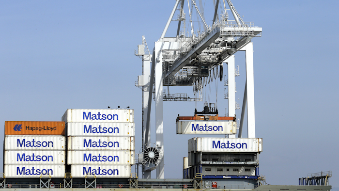 FILE - In this Wednesday, March 2, 2016, file photo, shipping containers are unloaded at the Port of Oakland in Oakland, Calif. On Wednesday, July 6, 2016, the Commerce Department reports on the U.S. trade gap for May. (AP Photo/Ben Margot, File)