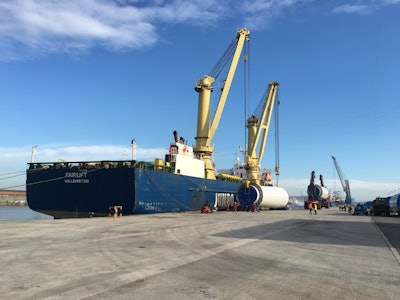 The turbines’ massive towers arrived in Providence, Rhode Island, from Spain. (Image credit: GE Renewables)