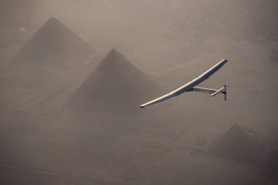The experimental solar-powered airplane has arrived in Egypt as part of its global voyage. (Jean Revillard, Rezo via the AP)