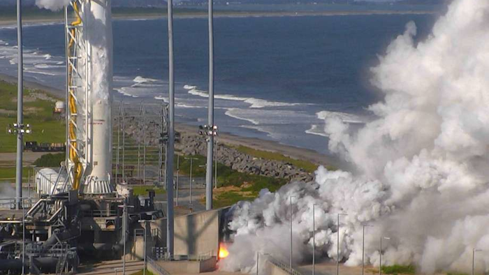 This Tuesday May 31, 2016 image from video provided by NASA shows an Orbital ATK full-power test of the upgraded Antares medium-class rocket using new RD-181 engines at the at Virginia Space's Mid-Atlantic Regional Spaceport at NASA Wallops Island Test Flight Facility in Wallops Island, Va. (NASA via AP)