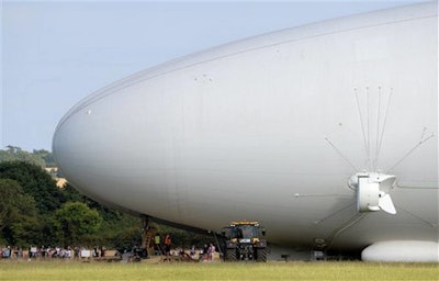 The Airlander 10, part plane, part airship, goes through pre-flight checks at Cardington airfield in Bedfordshire, England, Sunday Aug. 14, 2016. (Joe Giddens/PA via AP)