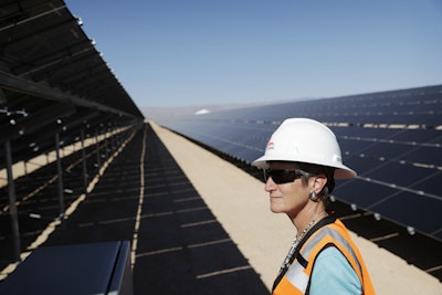 Secretary of the Interior Sally Jewell tours a solar project site, Thursday, Sept. 15, 2016, on the Moapa River Indian Reservation about 40 miles northeast of Las Vegas. Jewell was making her third stop on a tour of renewable energy sites around the country. (AP Photo/John Locher)