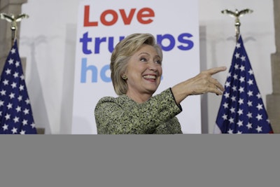 Democratic presidential candidate Hillary Clinton gestures during a campaign stop at Temple University in Philadelphia, Monday, Sept. 19, 2016. (AP Photo/Matt Rourke)