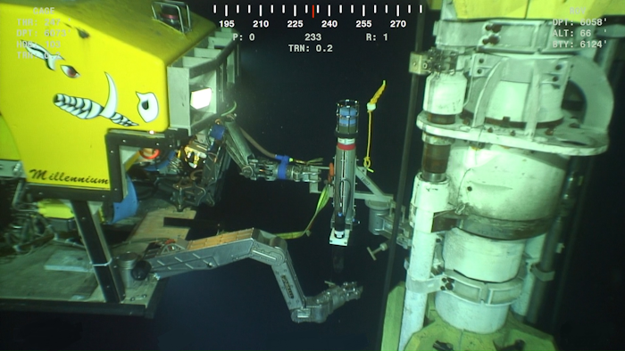 Subsea sensor installation by an ROV. (Image credit: Oceaneering via GE Reports)