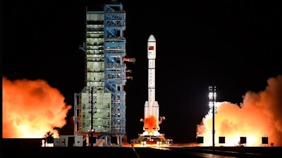 The Long March 7 rocket carrying the Tiangong-2 module blasts off from the Jiuquan Satellite Launch Center in Jiuquan, northwest China's Gansu Province, Thursday, Sept. 15, 2016. (Chinatopix via AP)