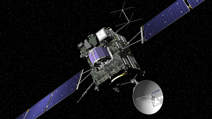 The artist impression provided on the website of the European Space Agency ESA on Sept. 29, 2016 shows ESA's Rosetta cometary probe. The spacecraft will be crash landed on Comet 67P/Churyumov-Gerasimenko Sept. 30, 2016. (J. Huart/ESA via AP)