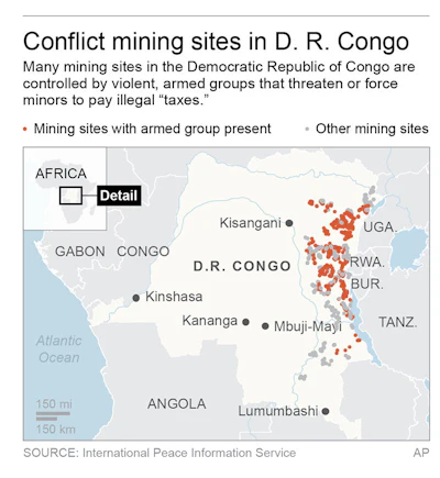 Map locates areas of the Democratic Republic of Congo where armed groups are mining sites. AP Photo