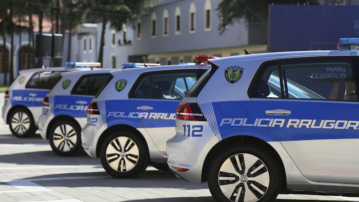 Interior Minsiter Saimir Tahiri said Albanian police will be the first in the region, and one of five countries in Europe, using electric cars that use “not a single drop of fuel.” (AP Photo/Hektor Pustina)