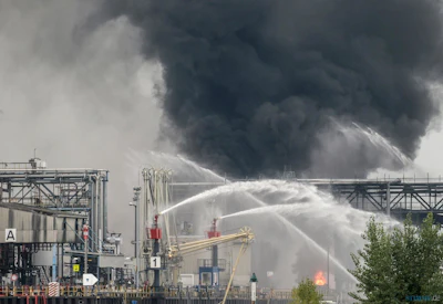 Smoke and fire rise from a facility belonging to chemical firm BASF in Ludwigshafen, southwestern Germany, Monday Oct. 17, 2016. The company said that several people were injured in a late-morning explosion. (Frank Rumpenhorst/dpa via AP)