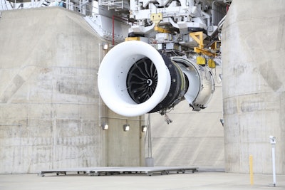 One GE9X can produce 100,000 pounds of thrust — more than four times as much as the two engines on the F/A-18E/F Super Hornet, which clock in at 22,000 pounds each. (Image credit: GE Aviation via GE Reports)