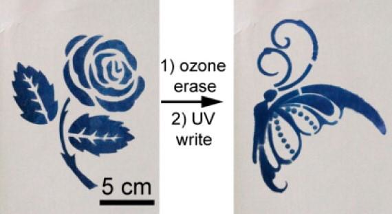 This rewritable paper can be 'printed' on with a stencil and UV light; it erases when exposed to oxygen in air or ozone.