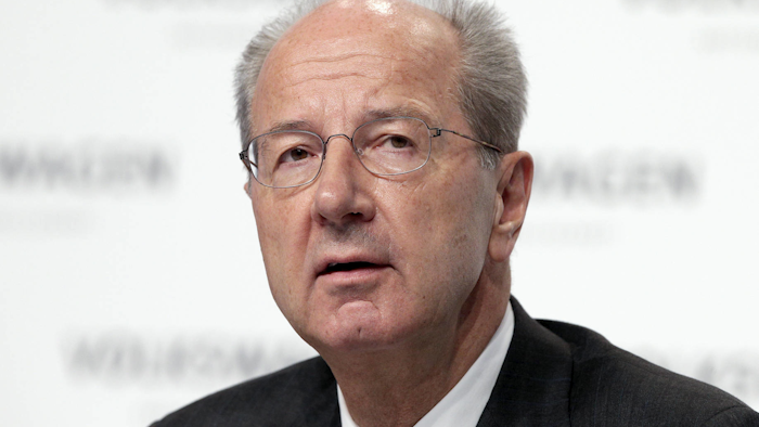 Hans Dieter Poetsch, chairman of the board of directors of Volkswagen, speaks during a press conference of the German car manufacturer Volkswagen in Wolfsburg, Germany. (AP Photo/Michael Sohn)