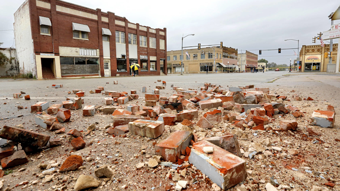 Damage in Cushing, Okla., is seen on Monday, Nov. 7, 2016, caused by Sunday night's 5.0 magnitude earthquake. (Jim Beckel The Oklahoman via AP)