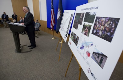 Virginia Gov. Terry McAuliffe gestures during a news conference at the Capitol in Richmond, Va., Thursday, Dec. 15, 2016. McAuliffe announced a proposed $50 million settlement to resolve claims stemming from the release of mercury from the former E.I. du Pont de Nemours and Company (DuPont) facility in Waynesboro, Virginia (AP Photo/Steve Helber)