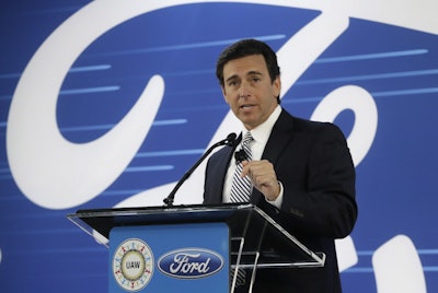 Ford President and CEO Mark Fields addresses the Flat Rock Assembly Tuesday, Jan. 3, 2017, in Flat Rock, Mich. (AP Photo/Carlos Osorio)