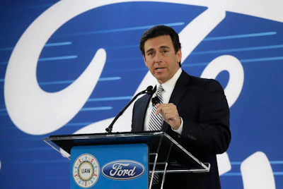 Ford President and CEO Mark Fields addresses the Flat Rock Assembly Tuesday, Jan. 3, 2017, in Flat Rock, Mich. (AP Photo/Carlos Osorio)