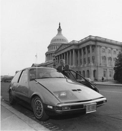 In 1977, GE engineers built the GE-100 EV. U.S. Rep. Sam Stratton, who also served as mayor of Schenectady, New York, where GE Global Research has its headquarters, posed with the car in Washington, D.C. (Image credit: GE Reports via Museum of Innovation and Science Schenectady)