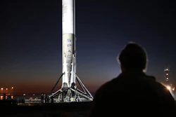 The SpaceX Falcon 9 rocket booster makes it's way into the port of Los Angeles Tuesday morning, Jan. 17, 2017. (Chuck Bennett /The Daily Breeze via AP)