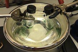 Upon mixing the reactants (copper + ligand + hydrogen peroxide + carbon-hydrogen substrate) the starting colorless solution turns green-blue, indicating that an oxidative process is occurring. (Photo: SMU)