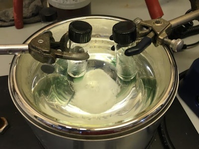 Upon mixing the reactants (copper + ligand + hydrogen peroxide + carbon-hydrogen substrate) the starting colorless solution turns green-blue, indicating that an oxidative process is occurring. (Photo: SMU)