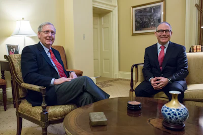 Senate Majority Leader Mitch McConnell, R-Ky., left, meets with Environmental Protection Agency (EPA) Administrator-designate Scott Pruitt, right, on Capitol Hill in Washington, Thursday, Jan. 6, 2017. (AP Photo/Zach Gibson)