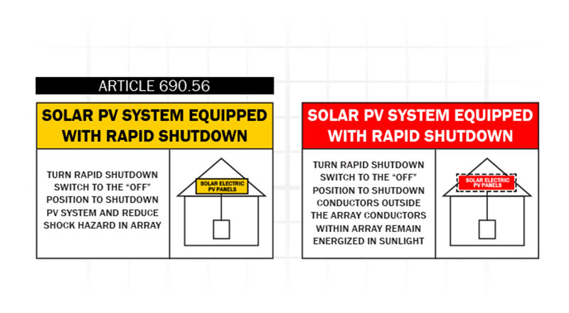 Left: Required for systems that shut down the array as well as all conductors that leave the array. Right: Required for systems that only shut down conductors that leave the array.
