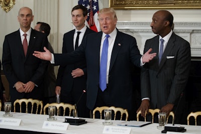 President Donald Trump welcomes manufacturing executives to a meeting at the White House in Washington, Thursday, Feb. 23, 2017. From left are, Archer Daniels Midland CEO Juan Luciano, White House Senior Adviser Jared Kushner, Trump, and Merck CEO Kenneth Frazier. (AP Photo/Evan Vucci)