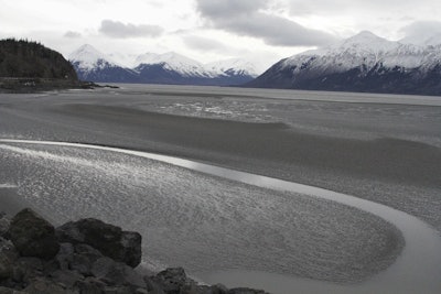 In this March 7, 2016, file photo, a ribbon of water cuts through the mud flats of Cook Inlet, just off the shore of Anchorage, Alaska. Natural gas is bubbling up from an underwater pipeline in Alaska's Cook Inlet, discovered on Feb 7, 2017, when a Hilcorp helicopter spotted bubbles at the surface and reported the leak. State regulators say the danger is minimal but the Coast Guard has issued a warning to mariners and federal wildlife authorities have expressed concern about harm to endangered beluga whales. (AP Photo/Mark Thiessen, File)