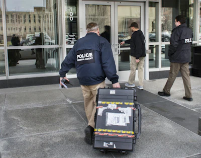 Federal law enforcement agents enter the headquarters of Caterpillar, Inc., in Peoria, Ill., on Thursday, March 2, 2017, after a search warrant was executed at three Caterpillar facilities in central Illinois. (David Zalaznik/Journal Star via AP)