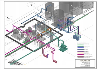 The team used a color-coded schematic of the factory’s existing pipe runs to help effectively integrate the new system.