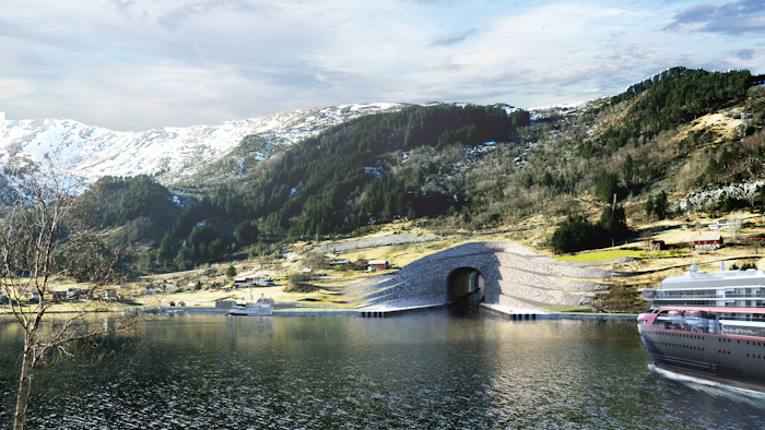 Construction of the Stad Ship Tunnel, which would be able to accommodate cruise and freight ships weighing up to 16,000 tons, is expected to open in 2023. (Snohetta/Norwegian Coastal Administration via AP)