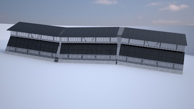 This undated rendering provided by Gleason Partners LLC shows shows sections South Side (Mexico) connected like a snake along the border. Solar panels would cover sections of the wall proposed by Las Vegas-based Gleason Partners LLC so it could generate power. The wall's solar panel system would generate 2.0 megawatts of electricity per hour, according to the company's proposal. (Gleason Partners via AP)