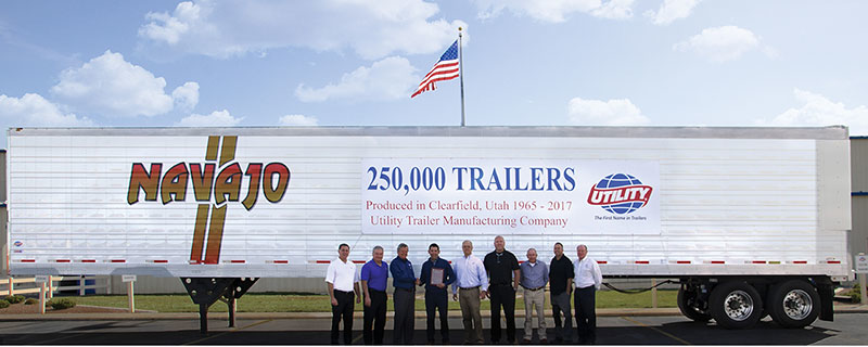 From left to right: Tony Afarian, Utility Trailer Manufacturing Co.; John Harris, Utility Trailer Manufacturing Co.; Hal Bennett, Utility Trailer Manufacturing Co.; Don Digby Jr., Navajo Express Inc.; Jeff Bennett, Utility Trailer Manufacturing Co.; Shane Gregerson, Navajo Express Inc.; Bill Hathorn, Utility Trailer Sales of Colorado; Travis Martin, Utilty Trailer Sales of Colorado; Todd Smith, Utility Trailer Manufacturing Co. (Photo: Business Wire)