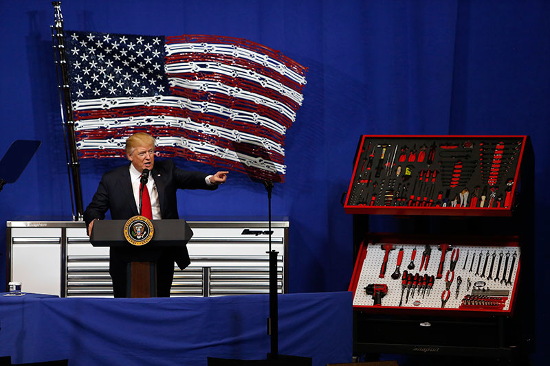 President Donald Trump speaks at Snap-On Tools, Tuesday, April 18, 2017, in Kenosha, Wis. (AP Photo/Kiichiro Sato)
