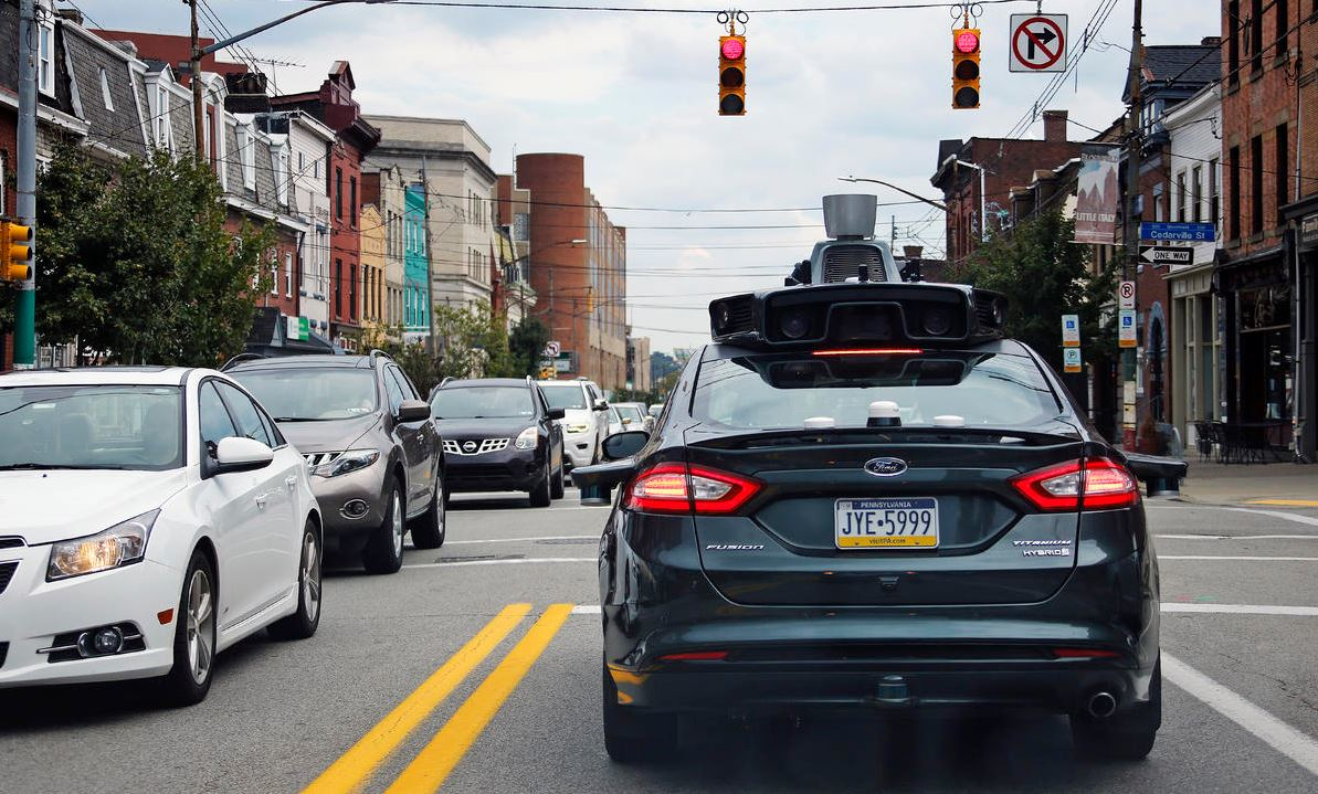 Self-driving Uber car at a red light in Pittsburgh in September (AP photo)