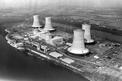 This March 30, 1979, file photo shows an aerial view of the Three Mile Island nuclear power plant near Harrisburg, Pa. Exelon Corp., the owner of Three Mile Island, site of the United States' worst commercial nuclear power accident, said Monday, May 29, 2017 it will shut down the plant in 2019 without a financial rescue from Pennsylvania. (AP Photo/Barry Thumma, File)