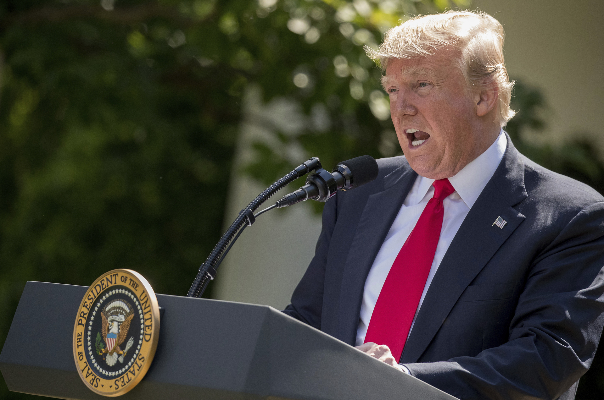 President Donald Trump speaks about the U.S. role in the Paris climate change accord, Thursday, June 1, 2017, in the Rose Garden of the White House in Washington. (AP Photo/Pablo Martinez Monsivais)