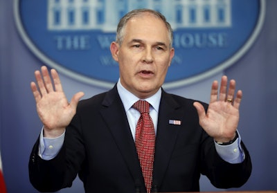 In this June 2, 2017, file photo, EPA Administrator Scott Pruitt speaks to the media during the daily briefing in the Brady Press Briefing Room of the White House in Washington. Newly obtained emails underscore just how closely Pruitt coordinated with fossil fuel companies while serving as Oklahoma’s state attorney general, a position in which he frequently sued to block federal efforts to curb planet-warming carbon emissions. (AP Photo/Pablo Martinez Monsivais, File)