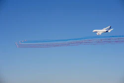 An Airbus A380 and the Patrouille de France aerobatic demonstration team putting on a show at the 2017 Paris Air Show(Credit: Airbus)