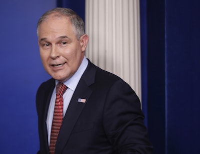 EPA Administrator Scott Pruitt looks back after speaking to the media during the daily briefing in the Brady Press Briefing Room of the White House in Washington. Records show Pruitt spent weekends in his home state during his first three months in office, frequently flying to and from Oklahoma at taxpayer’s expense. (AP Photo/Pablo Martinez Monsivais, File)