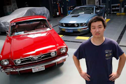 Former race car driver Guo Xin with his 1966 MT GT Fastback and 2005 GT convertible at his garage in Beijing (AP photo)