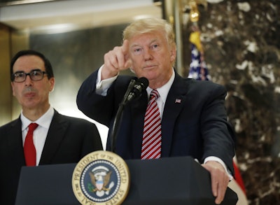 President Trump speaking at a press conference in Trump Tower on Tuesday, August 16. (AP Photo)