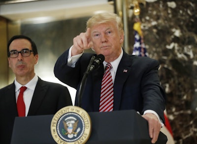 President Trump speaking at a press conference in Trump Tower on Tuesday, August 16. (AP Photo)